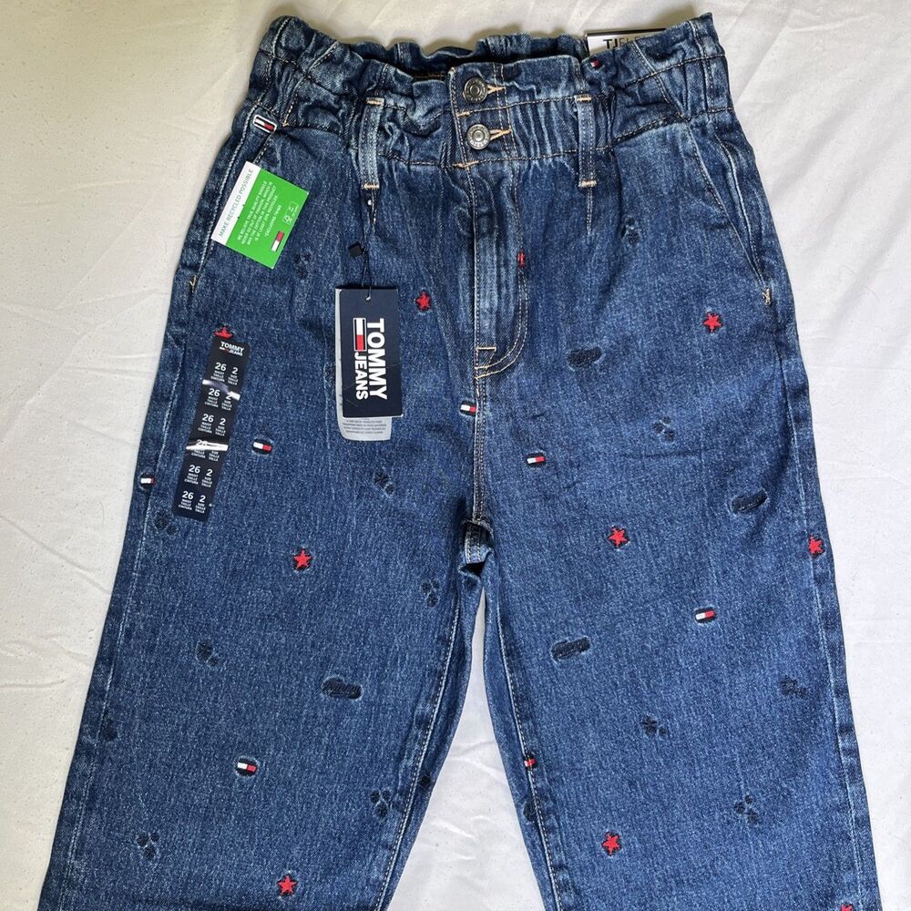 Tommy Hilfiger Paper Bag Mom Jean AOP Women 2 26x28 Elastic Waist Embroidered